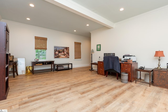 office featuring light wood-style flooring, crown molding, and recessed lighting