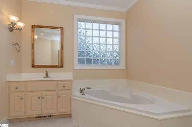 full bathroom with visible vents, a garden tub, tile patterned flooring, crown molding, and vanity