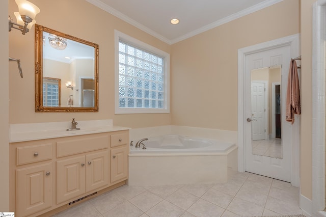 full bath featuring vanity, visible vents, ornamental molding, a bath, and tile patterned floors