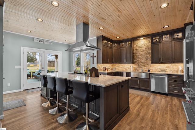 103 Hornbuckle Dr, Easley, SC 29642 - kitchen with wooden ceiling, island range hood, stainless steel appliances, a sink, and french doors