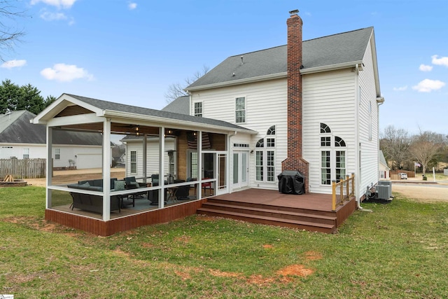 103 Hornbuckle Dr, Easley, SC 29642 - rear view of property featuring a shingled roof, cooling unit, a lawn, and a chimney