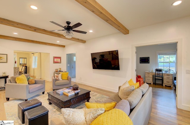 living room featuring baseboards, beamed ceiling, light wood-type flooring, and recessed lighting