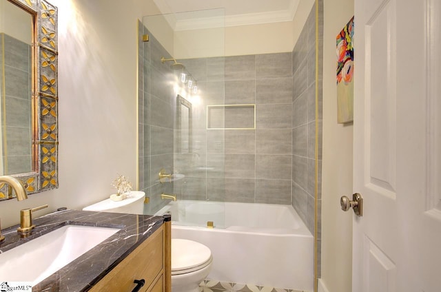 bathroom with ornamental molding, shower / tub combination, vanity, and toilet