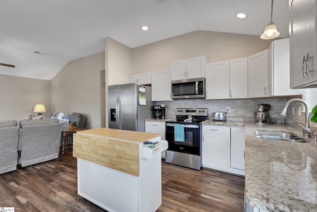 kitchen with appliances with stainless steel finishes, vaulted ceiling, a sink, and open floor plan