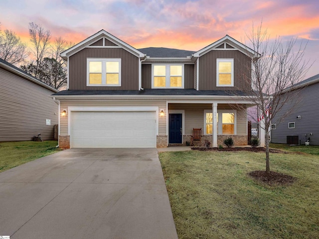 view of front of home with brick siding, a porch, concrete driveway, an attached garage, and board and batten siding