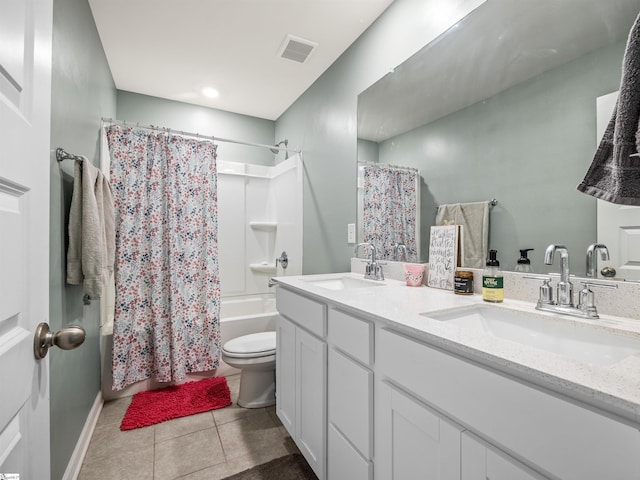 bathroom with tile patterned flooring, visible vents, a sink, and shower / tub combo with curtain