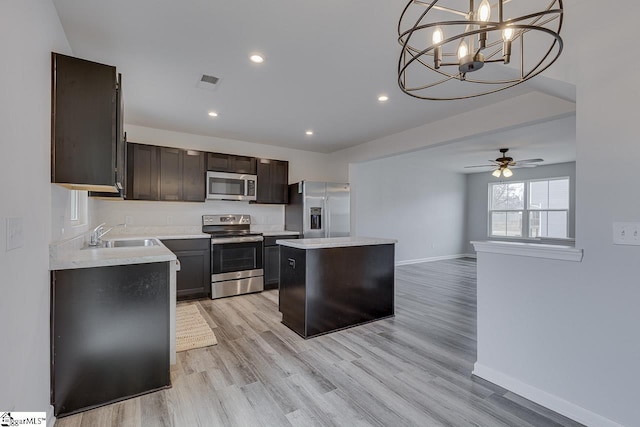 kitchen with visible vents, a kitchen island, stainless steel appliances, light countertops, and a sink