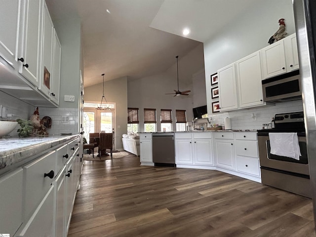 kitchen with dark wood-type flooring, a peninsula, stainless steel appliances, white cabinetry, and ceiling fan with notable chandelier