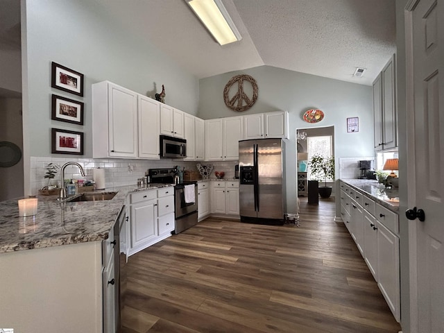 kitchen with light stone countertops, appliances with stainless steel finishes, dark wood finished floors, and a sink