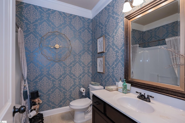 bathroom featuring wallpapered walls, tile patterned flooring, ornamental molding, and vanity