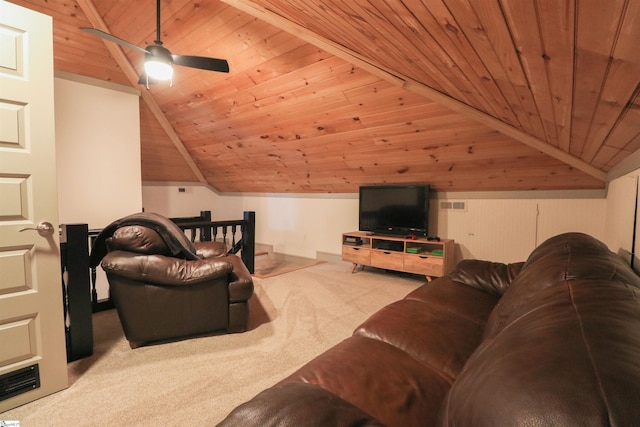 living room with lofted ceiling, carpet floors, and wooden ceiling