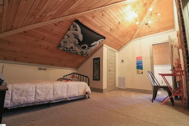 carpeted bedroom with lofted ceiling, wood ceiling, and visible vents