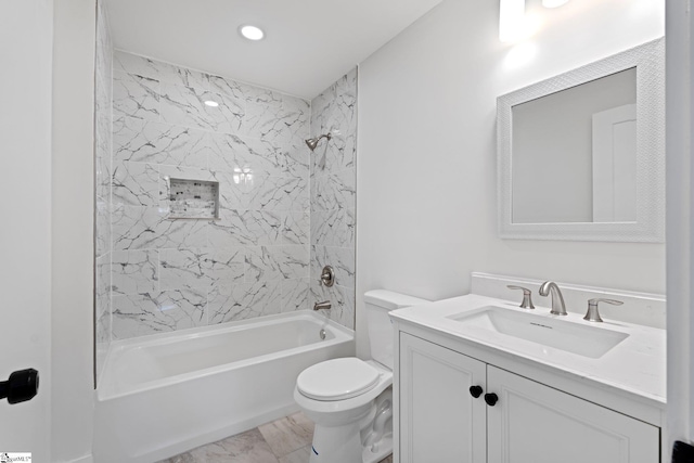 bathroom with toilet, marble finish floor, bathtub / shower combination, vanity, and recessed lighting