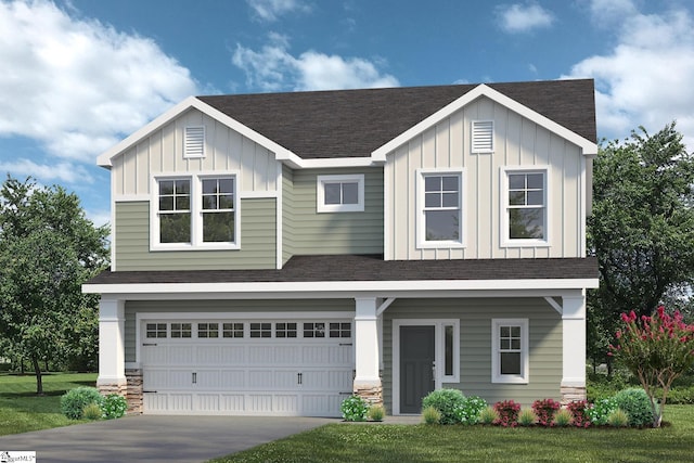 view of front facade with board and batten siding, driveway, roof with shingles, and a garage