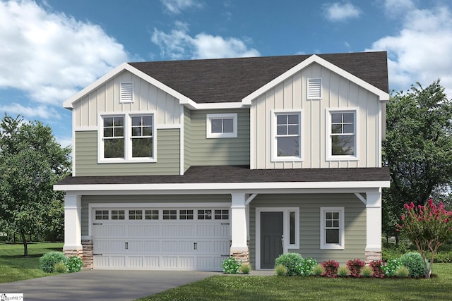 view of front of house with driveway, a shingled roof, a garage, and board and batten siding