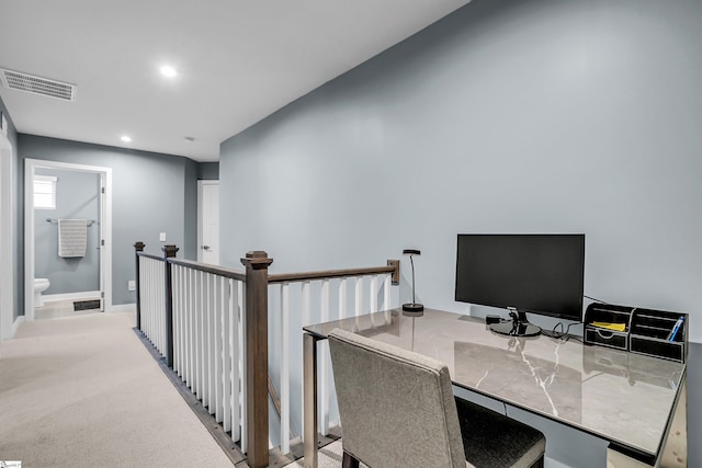 carpeted office with recessed lighting, visible vents, and baseboards