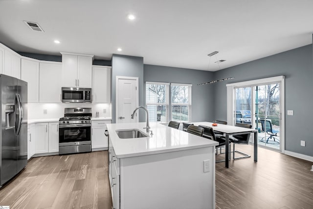 kitchen with stainless steel appliances, a sink, visible vents, light countertops, and light wood-type flooring