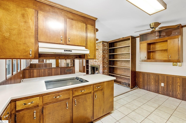 kitchen with wainscoting, black electric cooktop, wood walls, under cabinet range hood, and open shelves