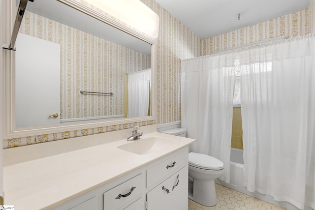 bathroom featuring toilet, vanity, tile patterned floors, wallpapered walls, and shower / bathtub combination with curtain