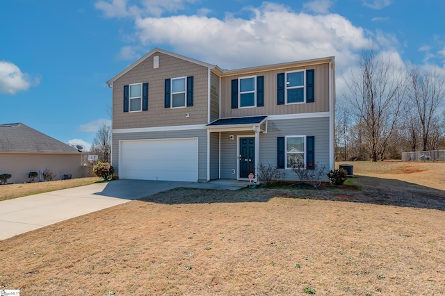 traditional-style house with an attached garage, board and batten siding, a front yard, cooling unit, and driveway