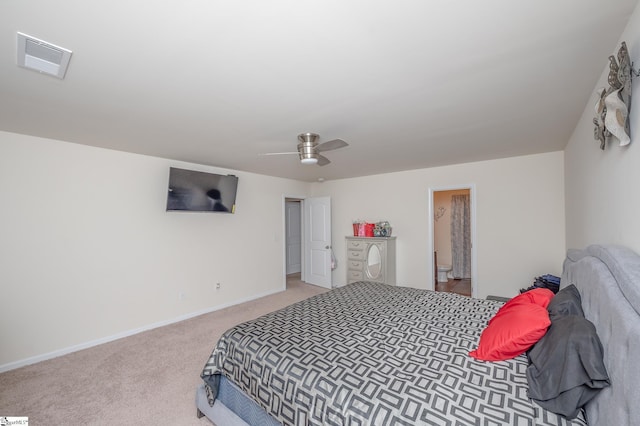 bedroom featuring a ceiling fan, baseboards, visible vents, and carpet flooring