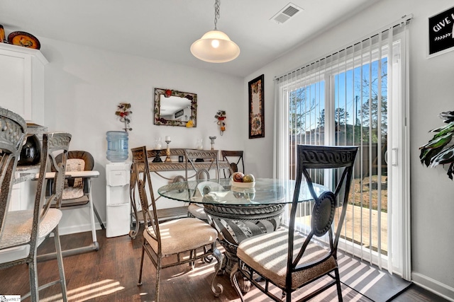 dining space featuring baseboards, visible vents, and dark wood finished floors