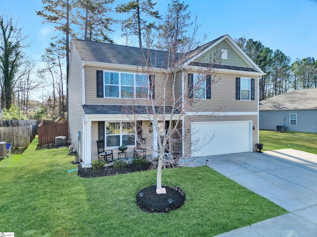 traditional-style house featuring driveway, an attached garage, fence, and central air condition unit