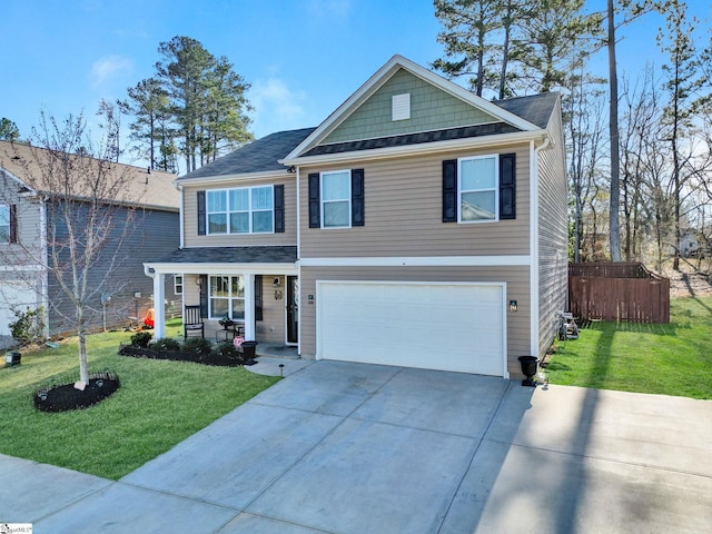 view of front of house featuring a garage, concrete driveway, covered porch, fence, and a front yard