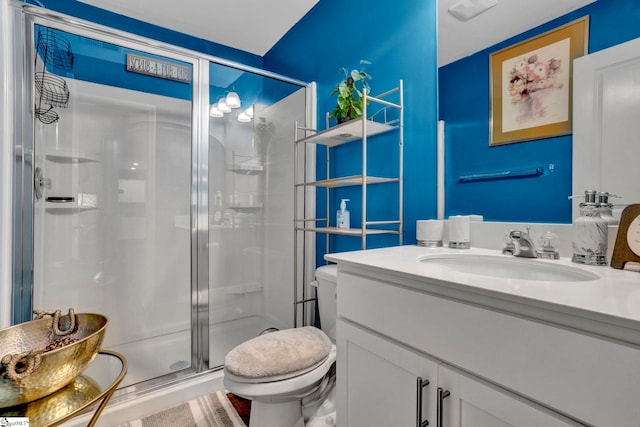 bathroom with a stall shower, vanity, and toilet