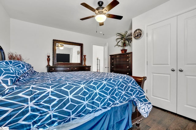 bedroom featuring ceiling fan, dark wood finished floors, and a closet