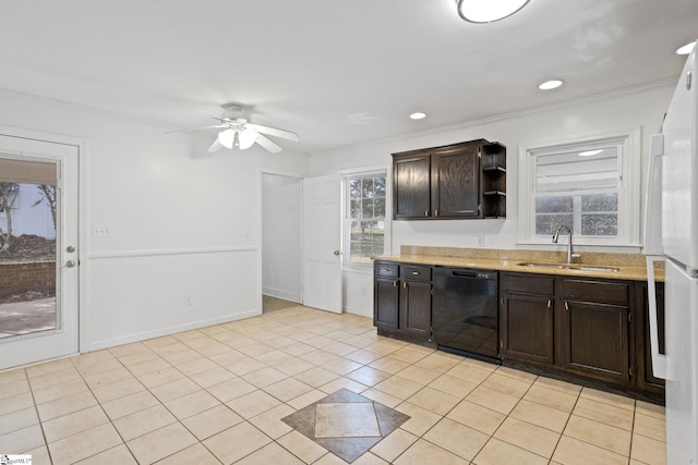 kitchen featuring dishwasher, dark brown cabinets, open shelves, a sink, and light tile patterned flooring