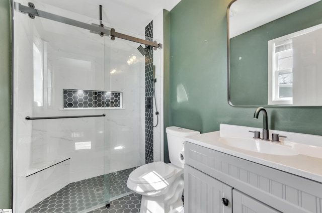 full bathroom featuring toilet, a shower stall, and vanity