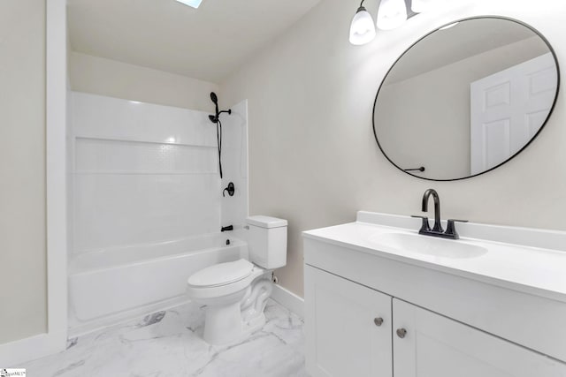 full bathroom with shower / bathtub combination, toilet, vanity, baseboards, and marble finish floor