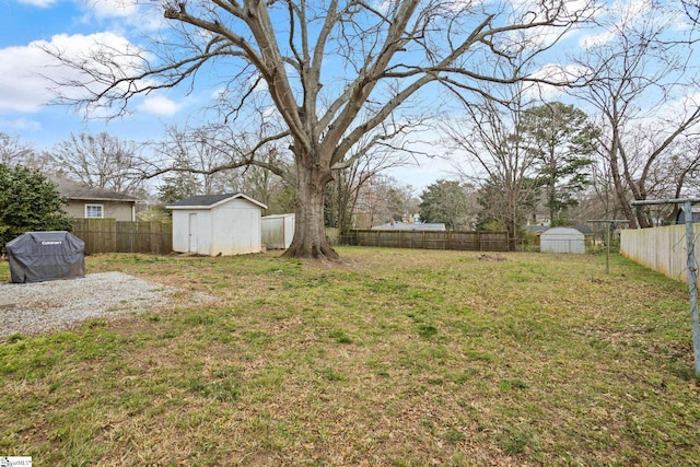 view of yard with a fenced backyard, a storage unit, and an outdoor structure