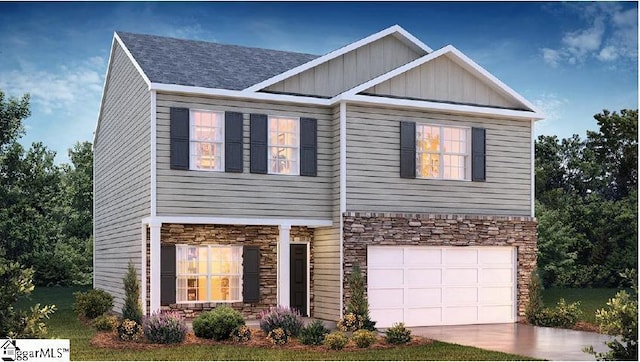 view of front of house with board and batten siding, stone siding, a garage, and concrete driveway