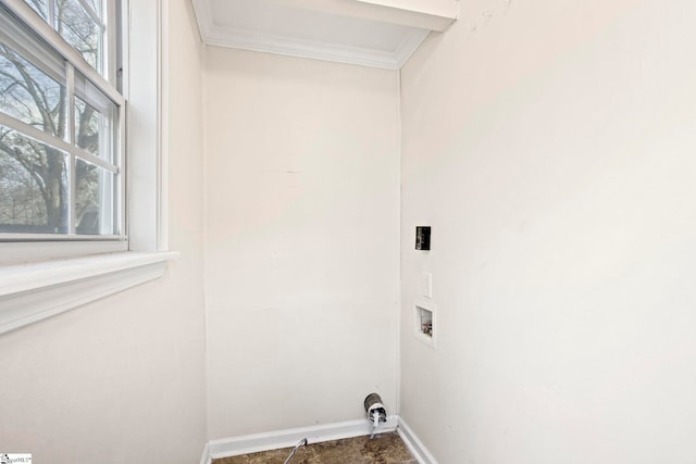 washroom featuring washer hookup, laundry area, crown molding, and baseboards