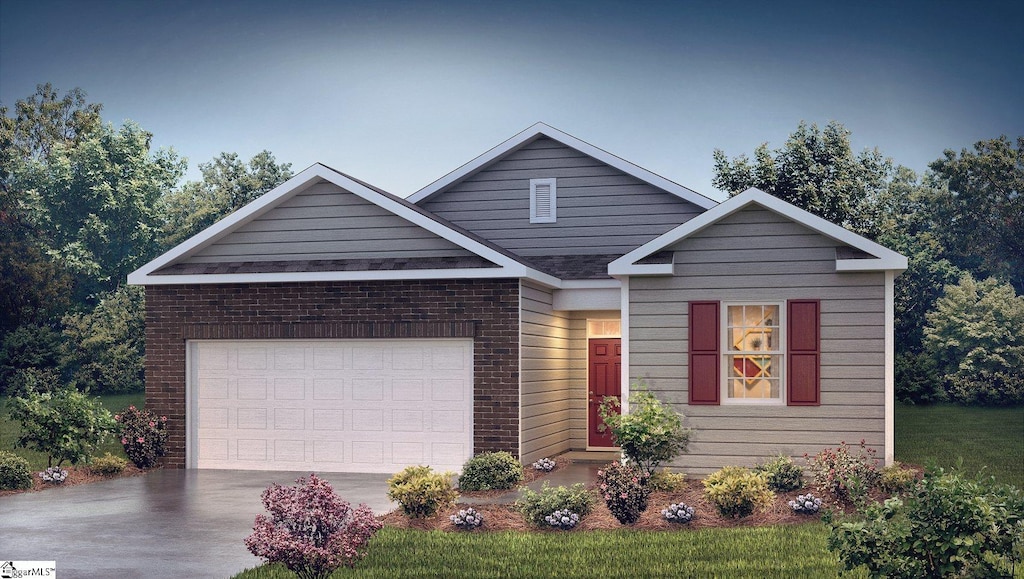 view of front of home with a garage, concrete driveway, and brick siding