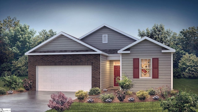 view of front of home with a garage, concrete driveway, and brick siding