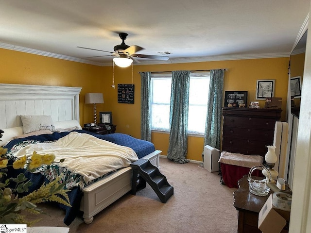 bedroom featuring light carpet, visible vents, ornamental molding, and ceiling fan