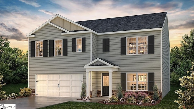 view of front facade with board and batten siding, concrete driveway, a shingled roof, and a garage