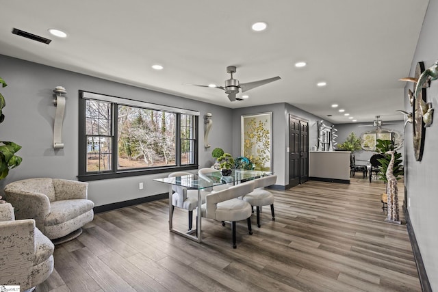 dining area with recessed lighting, wood finished floors, visible vents, and a ceiling fan