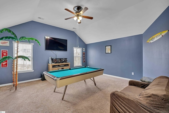 game room with carpet floors, billiards, visible vents, and vaulted ceiling