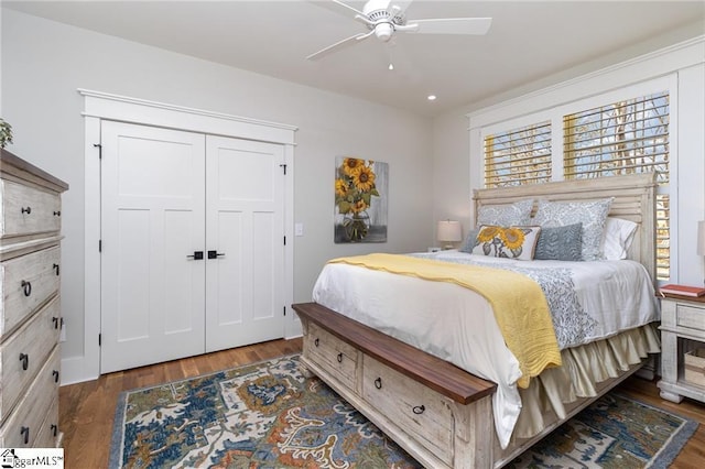 bedroom with recessed lighting, a closet, ceiling fan, and wood finished floors