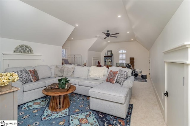 living area with carpet floors, lofted ceiling, baseboards, and recessed lighting