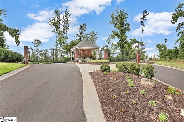 view of road featuring street lights, curbs, a gated entry, and a gate