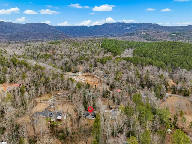 bird's eye view featuring a mountain view and a wooded view