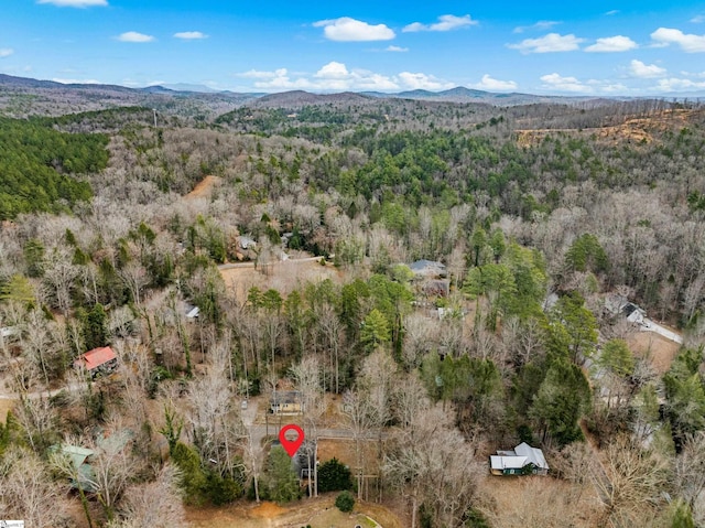 drone / aerial view featuring a mountain view and a wooded view