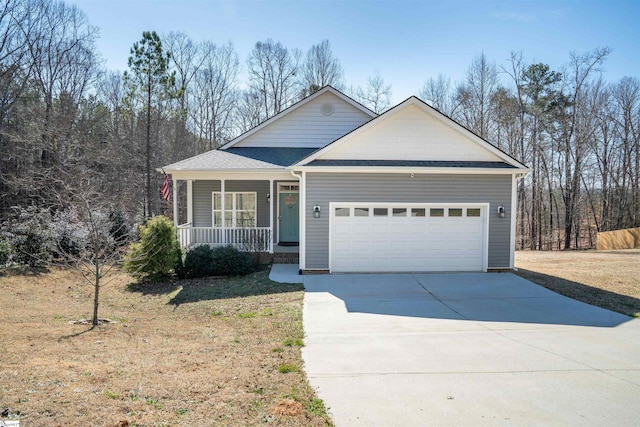 view of front of house featuring covered porch, concrete driveway, a front lawn, and an attached garage