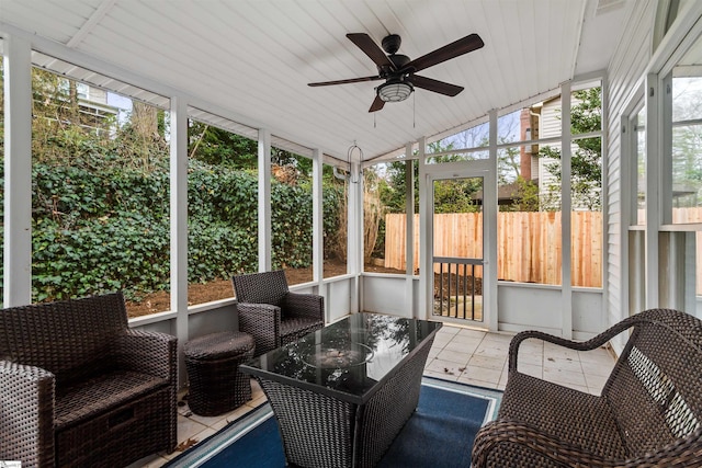 sunroom with lofted ceiling, wood ceiling, and a ceiling fan