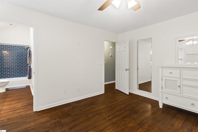 unfurnished bedroom with a ceiling fan, baseboards, and wood finished floors